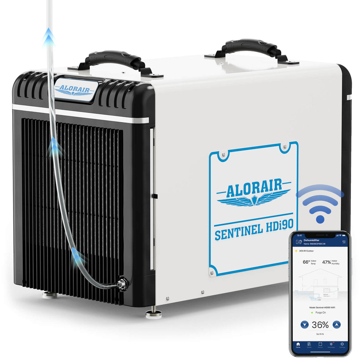 AlorAir® Wi-Fi Crawl Space Dehumidifier, 198 PPD Basement Dehumidifiers with Condensate Pump, Auto-Defrost, Rare Earth Alloy Tube Evaporator RF02ALOS-Sentinel-HDi90-1YAMW00