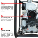Tomahawk 3 Inch Trash Water Pump 375 GPM 8 HP GX270 powered by Honda Portable Utility TW3H