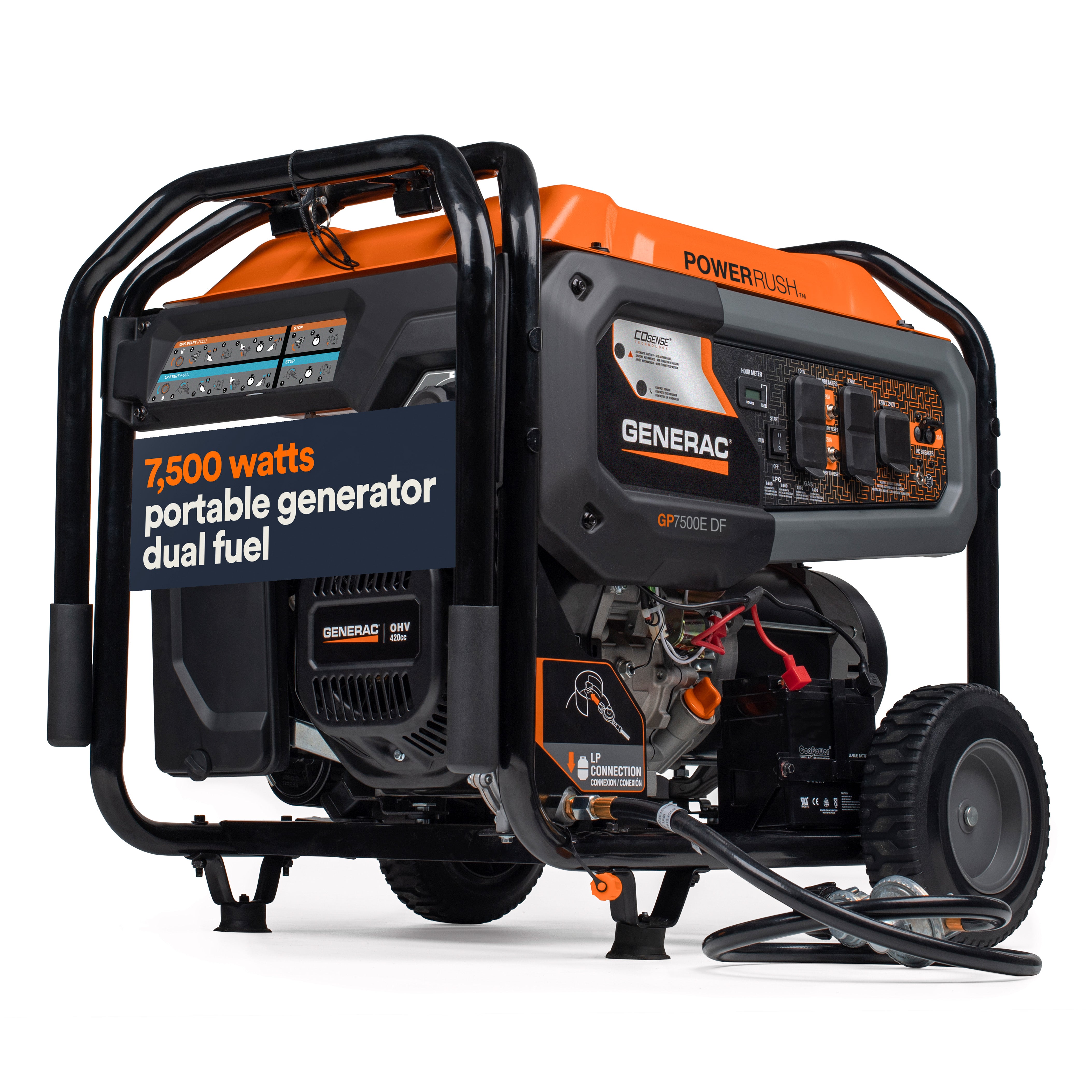 Generac Portable Generator, 7500W | Dual Fuel | With COsense G0080112