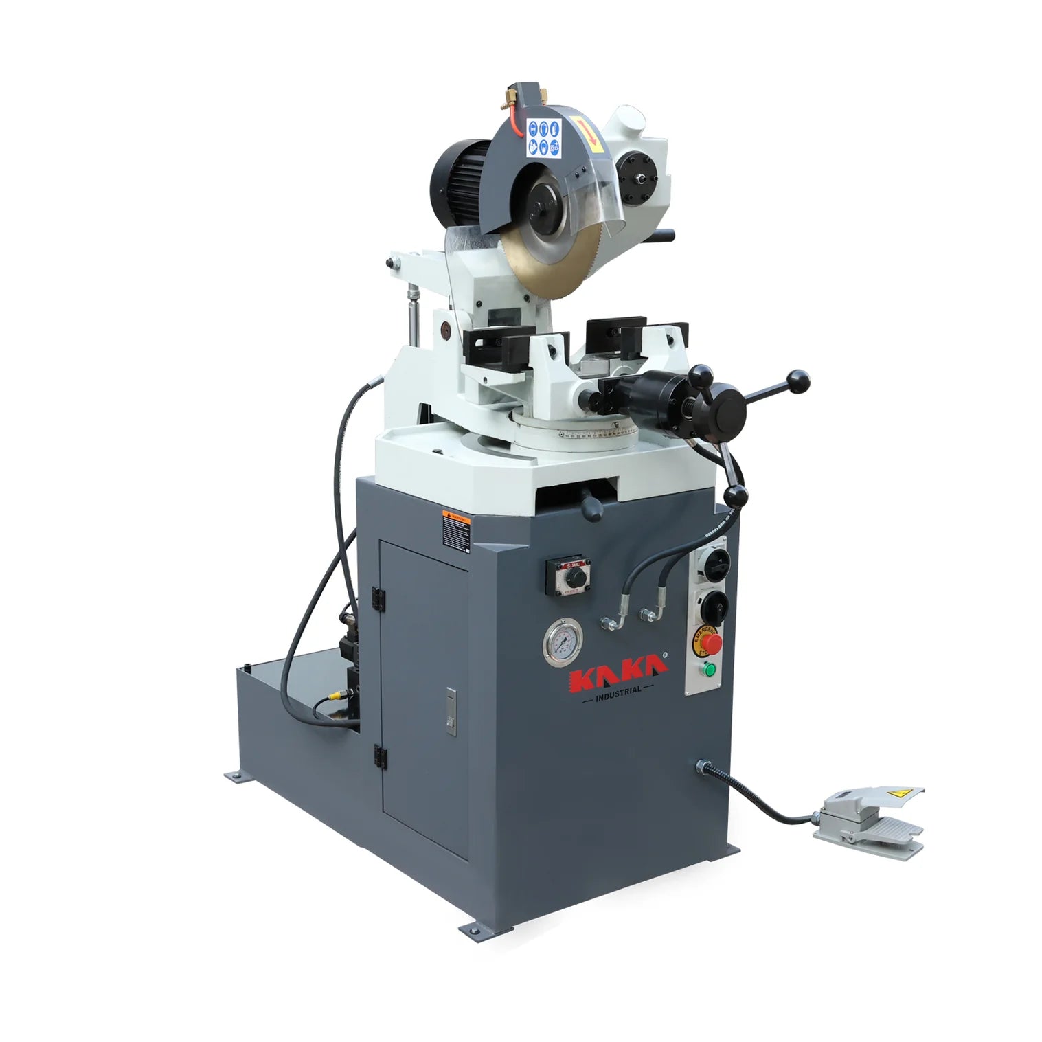 KaKa Industrial Hydraulic Circular Cold Saw, 12.4 inch Semi-Automatic Metal Cutting Saw with Foot Pedal Control PDS-12H for Steel and Aluminum, Double Vise and Coolant System 188031V230