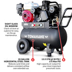 Tomahawk 20 Gallon Portable Air Compressor 6.5HP Honda GX200 Engine Horizontal Tank 13.5 CFM @ 90 PSI Gas-Powered TAC20H-200