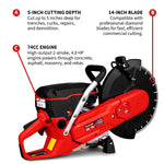 Tomahawk 14" Concrete Saw 74cc Handheld Cut-Off Saw 5" Cutting Depth Gas Powered Water Cooling System Commercial Concrete Cutter for Asphalt Masonry Rebar & Roadwork TKS350