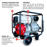 Tomahawk 4 Inch Trash Water Pump 423 GPM 13 HP GX390 powered by Honda Portable Utility TW4H