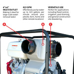 Tomahawk 4 Inch Trash Water Pump 423 GPM 13 HP GX390 powered by Honda Portable Utility TW4H