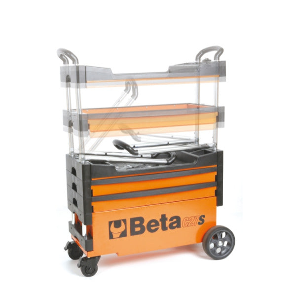 Beta C27S Orange Collapsible Rolling Metal Tool Cart, 4 Inch Steering Wheels with Brake, 110 Pound Capacity C27S
