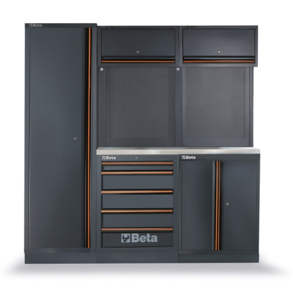 Beta C45PRO BX Garage Tool Storage Cabinet System, Stainless Steel Coated Worktop 77.17" L x 19.49" D x 78.7" H C45PRO BX
