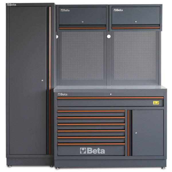 Beta C45PROEX Garage Tool Storage Cabinet System, Stainless Steel Coated Worktop 77.17" L x 19.49" D x 78.7" H C45PRO EX