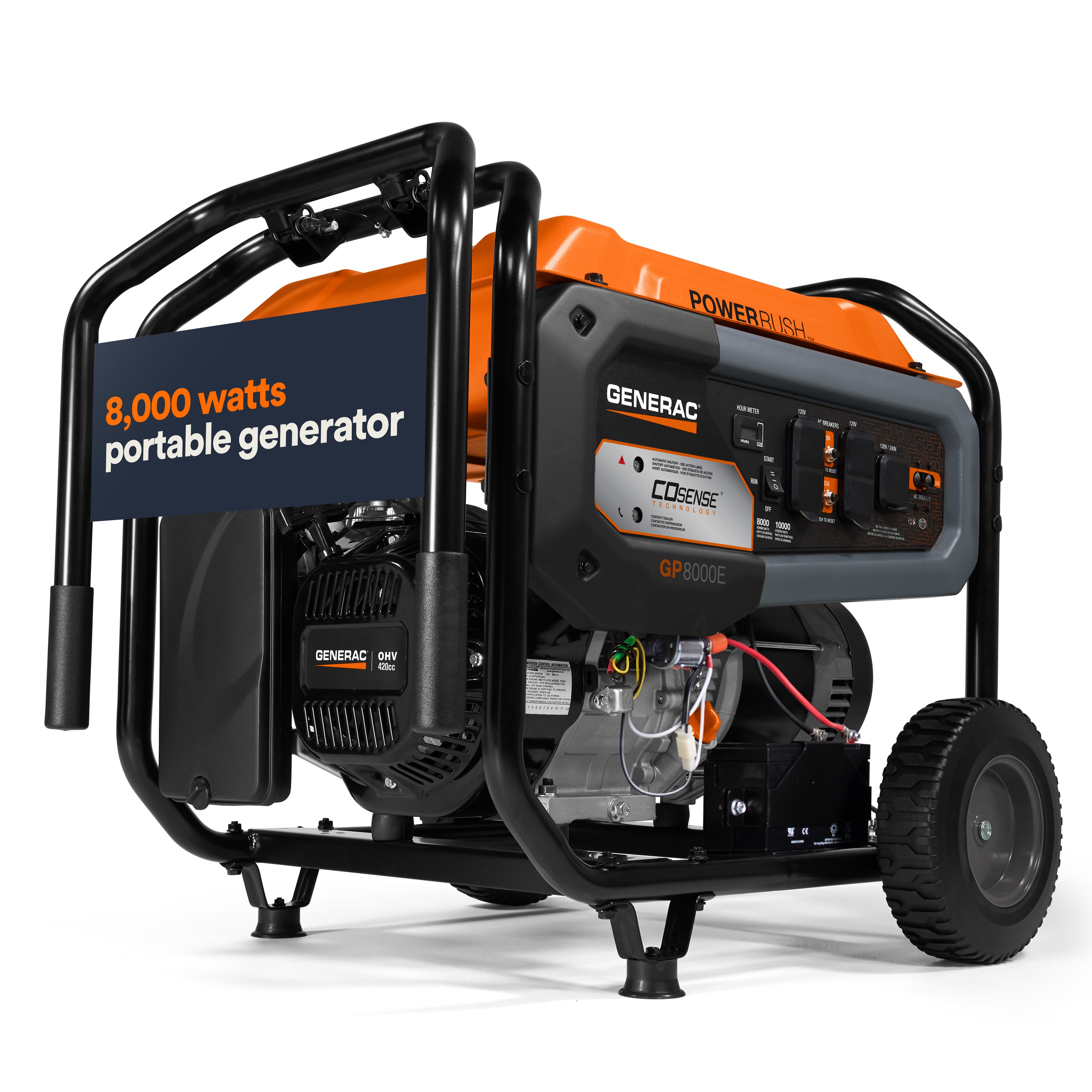 Generac Portable Generator, 8000W | Electric Start with COsense | 49ST/CSA G0077150
